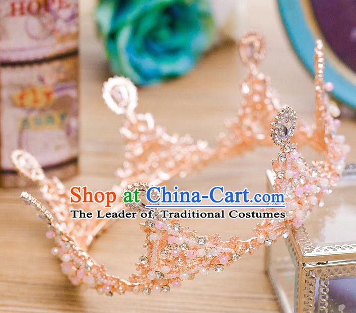 Handmade Classical Hair Accessories Baroque Pink Round Crystal Royal Crown Headwear for Women