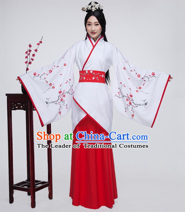 Traditional China Han Dynasty Ancient Palace Princess Costume Embroidered White Curving-front Robe for Women