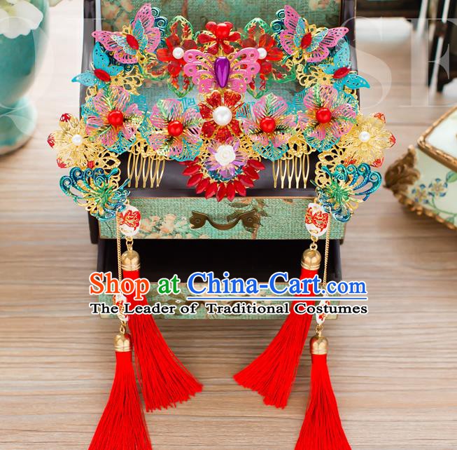 Chinese Handmade Classical Hair Accessories Wedding Hairpins Colorful Butterfly Phoenix Coronet Headwear