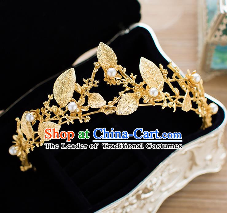 Handmade Classical Hair Accessories Baroque Bride Golden Leaf Pearls Royal Crown Headwear for Women