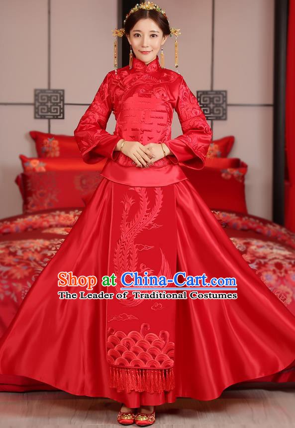 Traditional Ancient Chinese Wedding Costume, China Style Xiuhe Suits Bride Embroidered Phoenix Clothing for Women