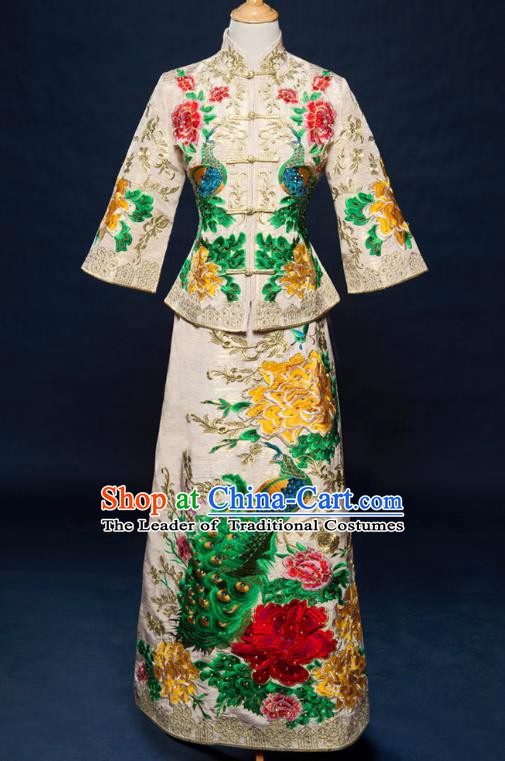 Traditional Chinese Wedding Costume Ancient Bride White Toast Cheongsam Embroidered Xiuhe Suits for Women