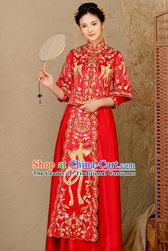 Traditional Chinese Wedding Costume Ancient Bride Toast Cheongsam Embroidered Phoenix Xiuhe Suits for Women