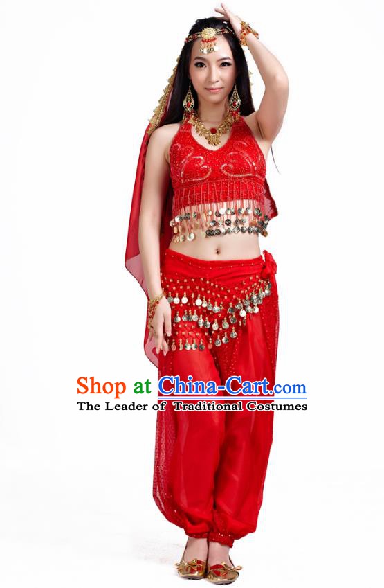 Traditional Indian Belly Dance Sequined Red Dress Asian India Oriental Dance Costume for Women