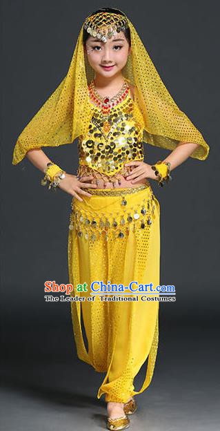 Traditional Indian National Belly Dance Yellow Clothing India Oriental Dance Costume for Kids