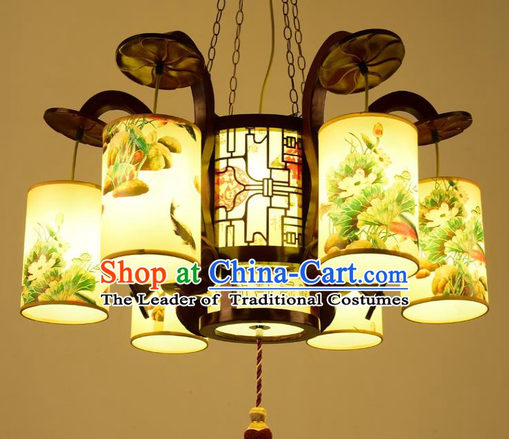 Traditional Chinese Six-Lights Hanging Palace Lanterns Handmade Painted Lantern Ancient Ceiling Lamp