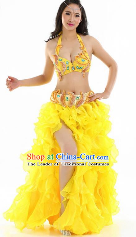 Indian National Belly Dance Yellow Sequenced Dress India Bollywood Oriental Dance Costume for Women
