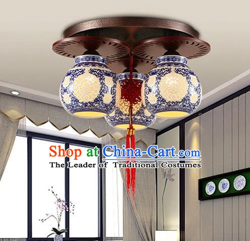 Traditional Chinese Ceiling Palace Lanterns Handmade Pierced Blue Porcelain Lantern Ancient Three-Lights Lamp