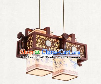 Traditional Chinese Handmade Two-Lights Hanging Lantern Painting Lotus Wood Lantern Ancient Palace Ceiling Lanterns
