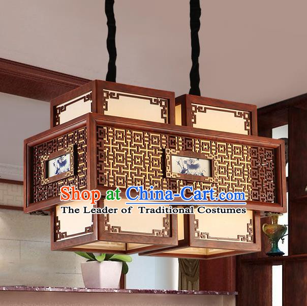 Traditional Chinese Handmade Painted Ceiling Lantern Two-Pieces Carving Palace Lanterns Ancient Lamp