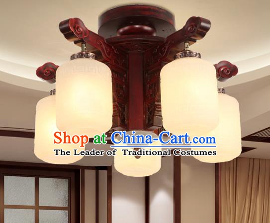 Traditional Chinese Handmade Five-Lights Ceiling Lantern Rosewood Marble Palace Lanterns Ancient Lamp
