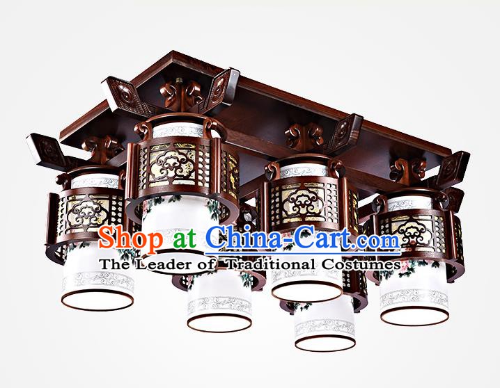 Traditional Chinese Painted Six-Lights Palace Lantern Handmade Wood Ceiling Lanterns Ancient Lamp