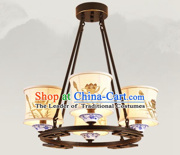 China Handmade Four-Lights Ceiling Lanterns Traditional Chinese Painting Lotus Palace Lantern Ancient Lanterns