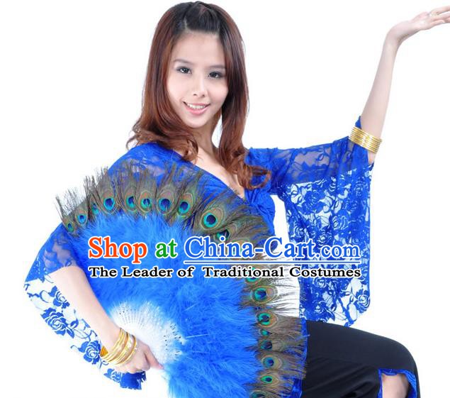Indian Bollywood Belly Dance Fans Deep Blue Feather Folding Fans for Women