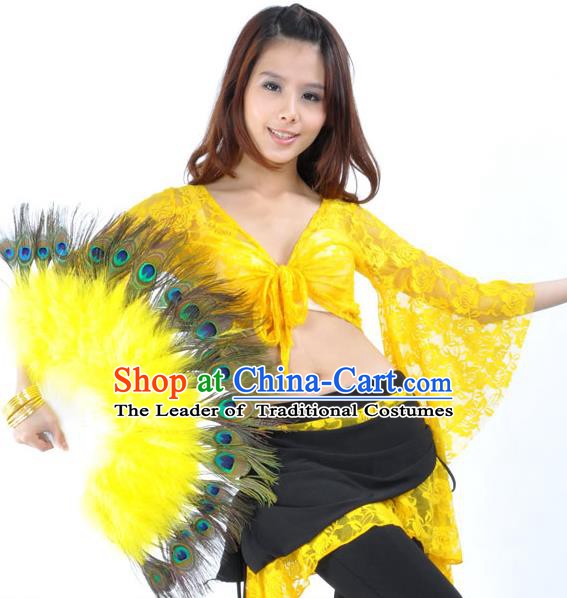 Indian Bollywood Belly Dance Fans Yellow Feather Folding Fans for Women