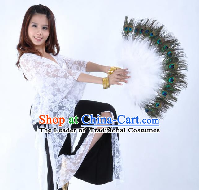 Indian Bollywood Belly Dance Fans White Feather Folding Fans for Women