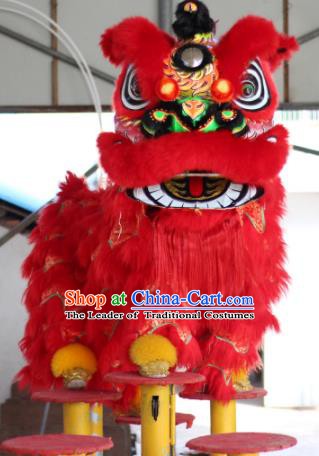 Chinese Traditional Parade Red Lion Head Professional Wool Lion Dance Costumes Complete Set