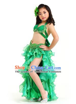 Traditional Indian Belly Dance Green Dress Asian India Oriental Dance Costume for Kids
