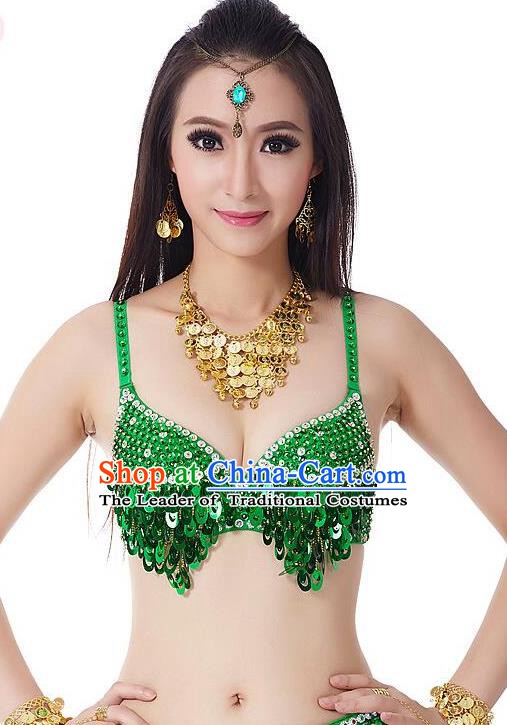 Indian Bollywood Belly Dance Green Sequin Brassiere Asian India Oriental Dance Costume for Women