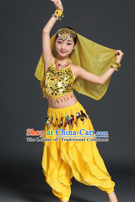 Traditional Indian Children Performance Yellow Uniforms Oriental Belly Dance Costume for Kids