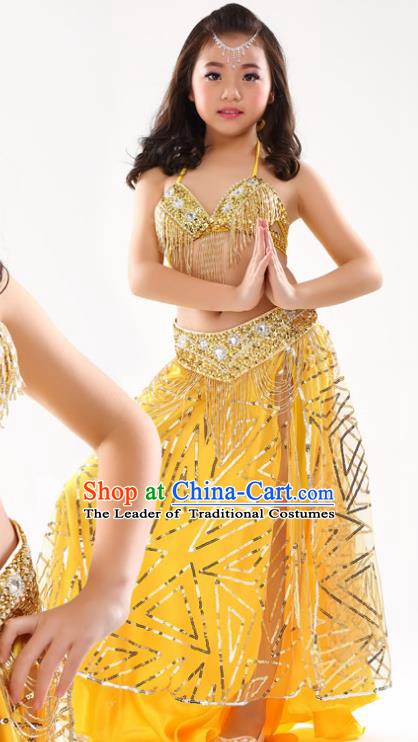 Traditional Indian Children Oriental Dance Yellow Dress Belly Dance Costume for Kids