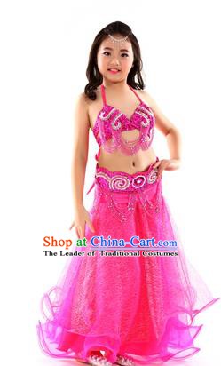 Traditional Indian Children Dance Performance Rosy Dress Belly Dance Costume for Kids