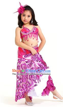 Indian Traditional Belly Dance Rosy Dress Oriental Dance Performance Costume for Kids