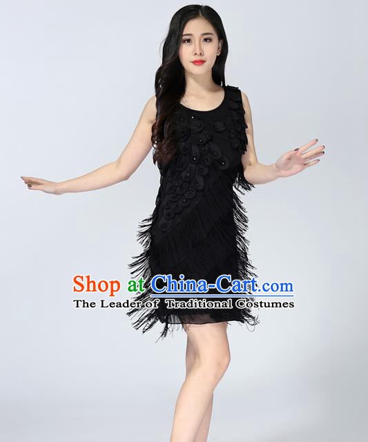 Top Grade Latin Dance Black Tassel Short Dress Modern Dance Ballroom Dance Performance Costume for Women