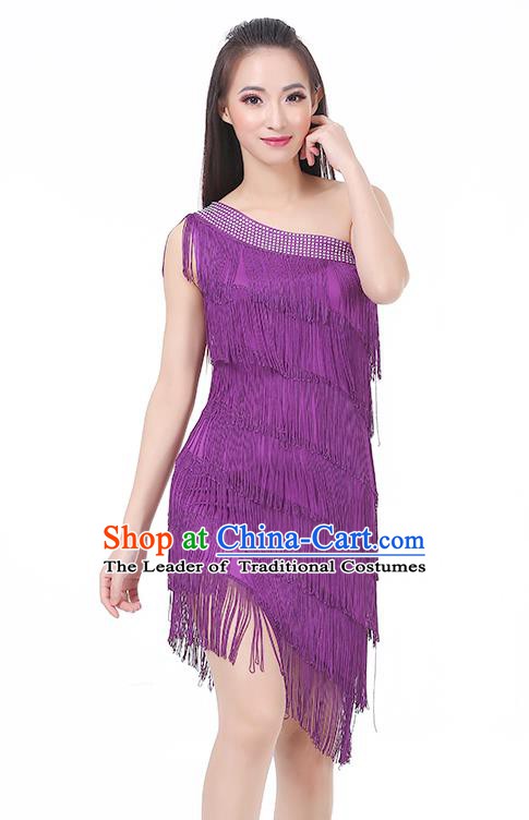 Top Modern Dance Latin Dance Costume Classical Jazz Dance Purple Tassel Dress for Women