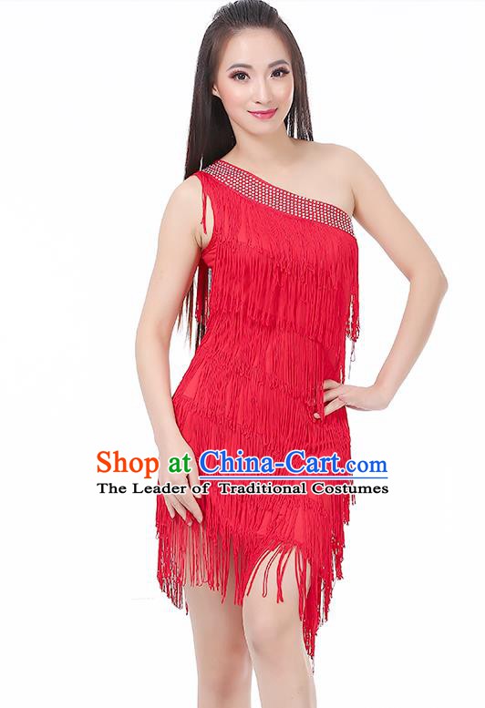 Top Modern Dance Latin Dance Costume Classical Jazz Dance Red Tassel Dress for Women