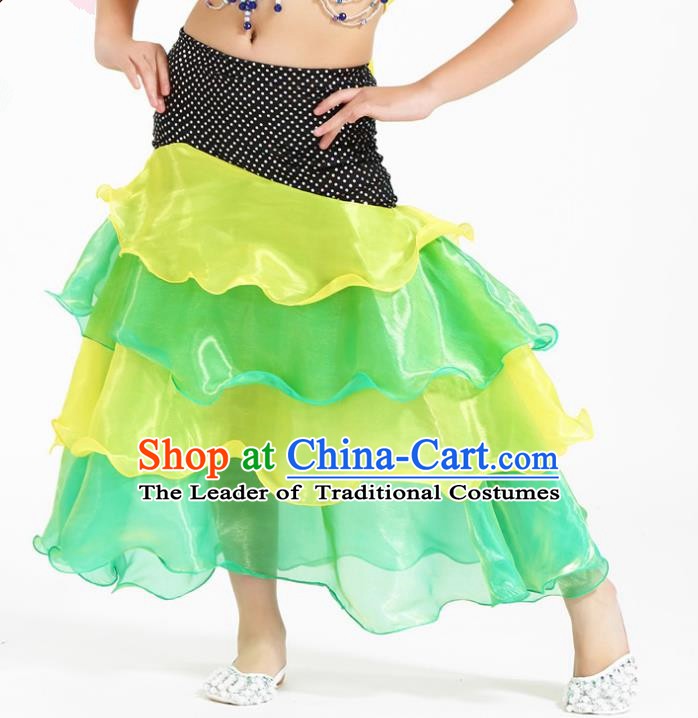 Asian Indian Belly Dance Yellow and Green Skirt Stage Performance Oriental Dance Clothing for Kids