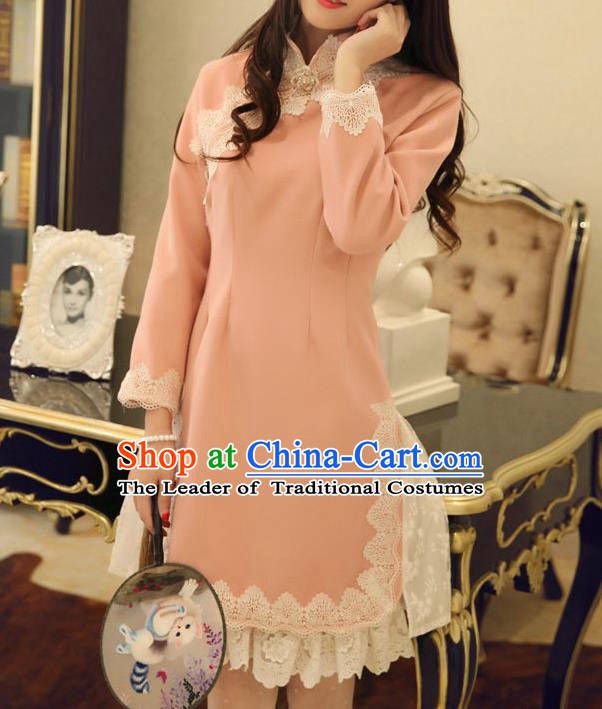 Traditional Chinese National Pink Qipao Dress Costume Tangsuit Cheongsam Clothing for Women