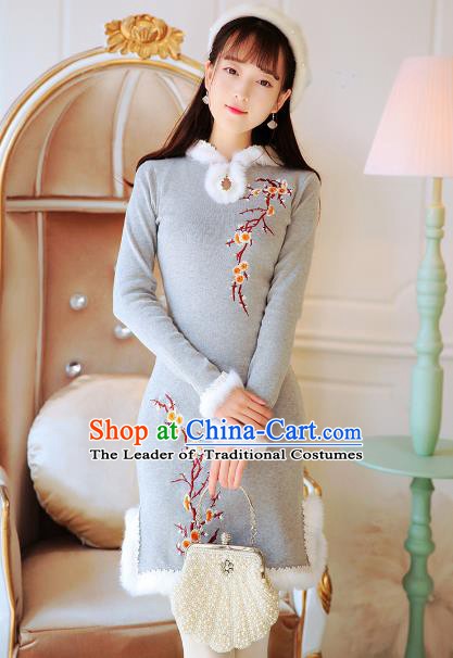 Traditional Chinese National Grey Qipao Dress Tangsuit Embroidered Cheongsam Clothing for Women