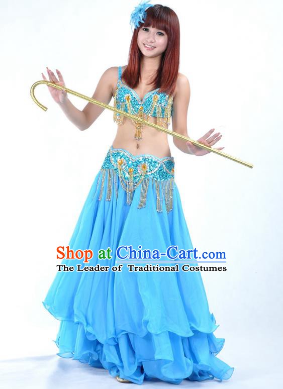 Traditional Bollywood Belly Dance Performance Clothing Blue Dress Indian Oriental Dance Costume for Women
