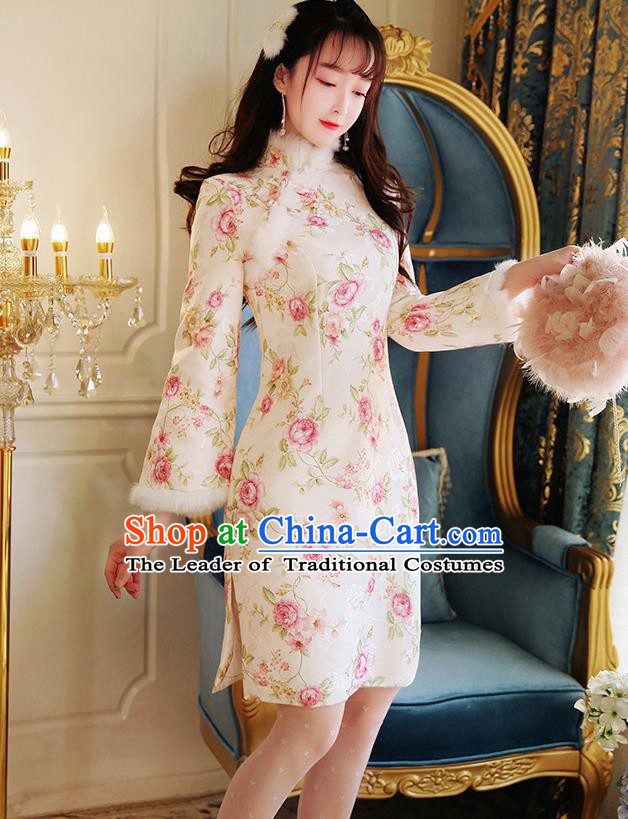 Chinese National Tangsuit Printing Rose Qipao Dress Cheongsam Clothing for Women