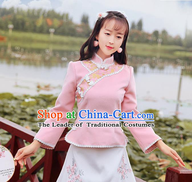 Chinese National Costume Pink Cheongsam Shirts Upper Outer Garment Tangsuit Qipao Blouse for Women