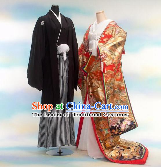 Traditional Japanese Wedding Golden Costumes Bride and Bridegroom Kimono Clothing for Women for Men