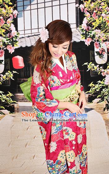 Traditional Asian Japan Costume Japanese Apparel Rosy Yukata Dress Furisode Kimono for Women