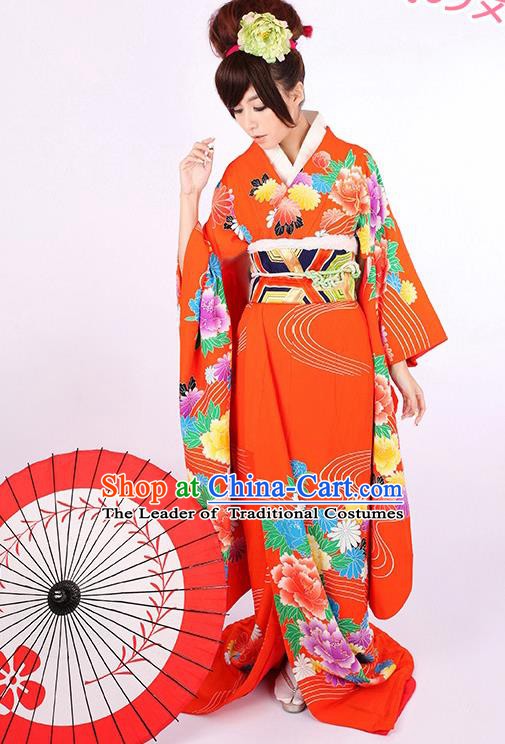Traditional Asian Japan Geisha Costume Red Yukata Dress Japanese Wedding Furisode Kimono for Women