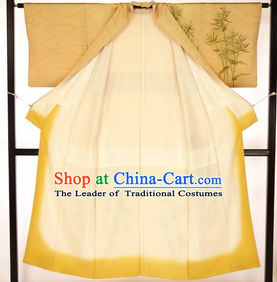 Japanese Printing Bamboo Yellow Kimono Formal Costume Hakama Apparel Yukata Costume for Men