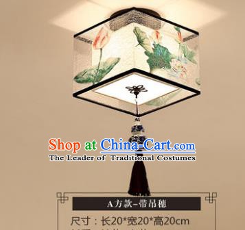 Traditional Chinese Handmade Lantern Classical Tassel Ceiling Lamp Ancient Painting Lotus Square Lanern