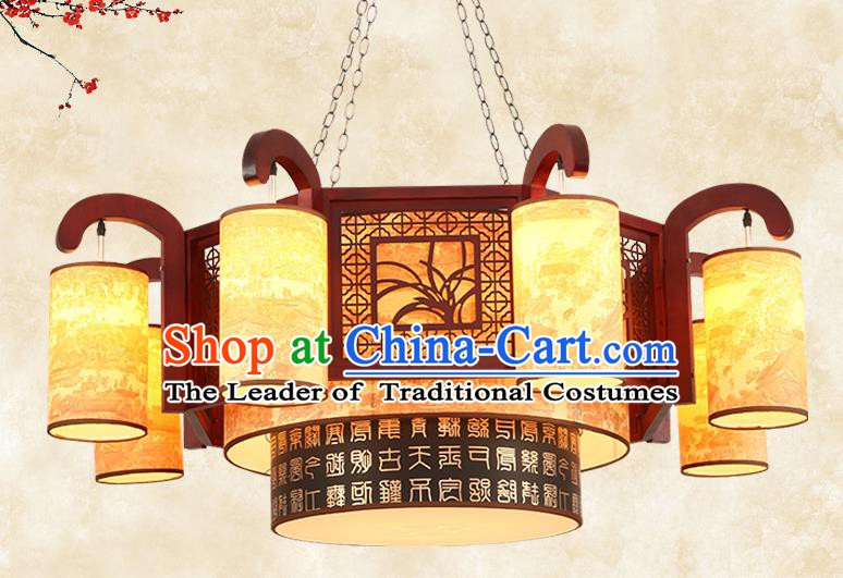 China Traditional Handmade Ancient Wood Orchid Lantern Eight-pieces Palace Lanterns Ceiling Lamp