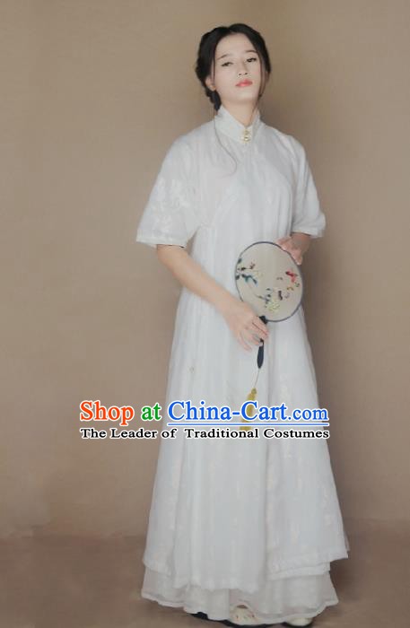 Ancient Chinese National Costumes White Cheongsam Dress for Women