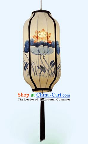Traditional China Handmade Lantern Ancient Ink Painting Lotus Hanging Lanterns Palace Ceiling Lamp