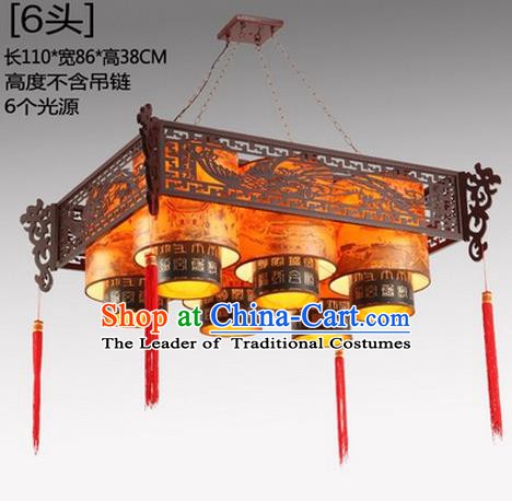 China Handmade Ceiling Lantern Traditional Wood Carving Phoenix Hanging Lanterns Palace Six-Lights Lamp