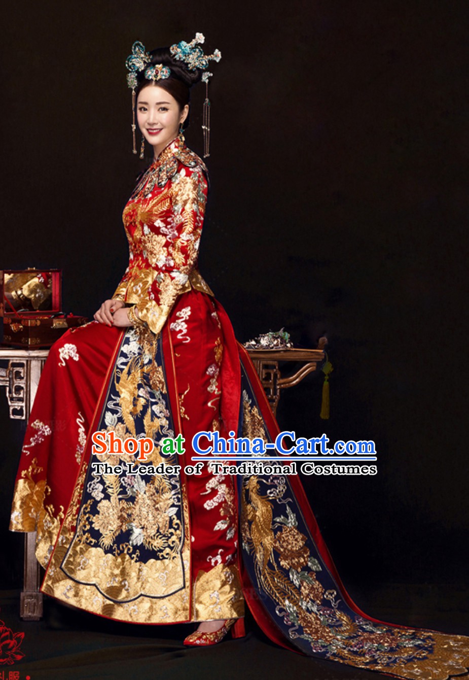 Chinese Traditional Phoenix Embroidery Wedding Dress Garment and Hair Jewelry Complete Set for Brides
