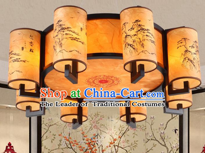 Chinese Handmade Printing Pineburst Lantern Traditional Palace Eight-Lights Ceiling Lamp Ancient Hanging Lanterns