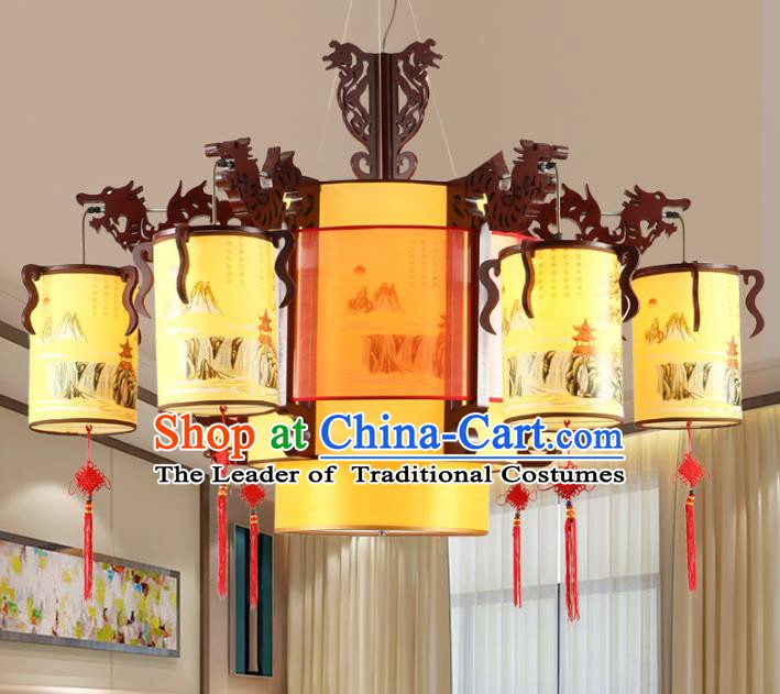 Chinese Handmade Wood Six-Lights Lantern Traditional Palace Hanging Ceiling Lamp Ancient Lanterns