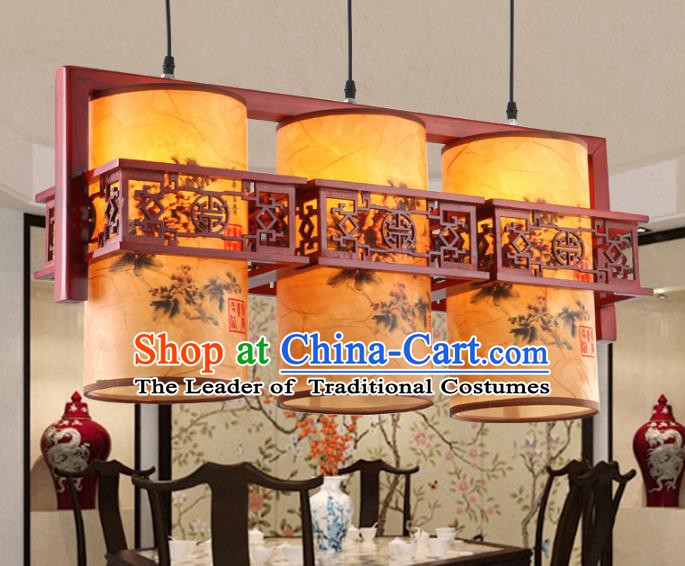 Chinese Handmade Three-Lights Hanging Lantern Traditional Palace Printing Parchment Ceiling Lamp Ancient Lanterns