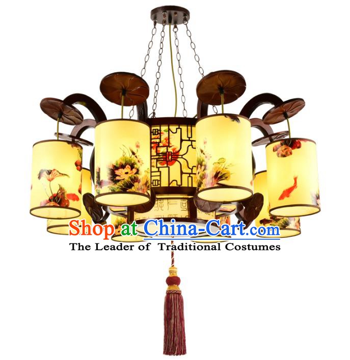 Chinese Handmade Eight-Lights Hanging Lantern Traditional Palace Printing Lotus Parchment Ceiling Lamp Ancient Lanterns